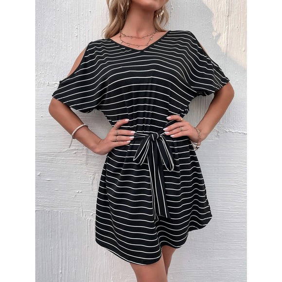 preppy Cold Shoulder Striped Belted Dress black white - Picture 10 of 10